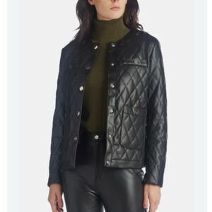 Anne Klein Women's S NWT Black Quilted Faux Leather Collarless Jacket Petite